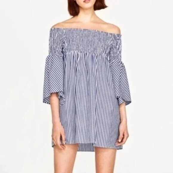 Zara Smocked Dress Bell Sleeve Blue White Striped Casual Dress S - Picture 3 of 15